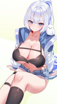 1girl absurdres animal animal_on_shoulder bikini bikini_top_only bird black_bikini black_socks blue_eyes blue_shorts breasts cleavage closed_mouth collarbone commission cutoffs denim denim_shorts gimseol halterneck highres hip_tattoo jacket kneehighs large_breasts long_hair looking_at_viewer micro_shorts multicolored_hair navel open_clothes open_fly open_jacket original ponytail second-party_source shorts single_kneehigh single_sock sitting smile socks solo stomach streaked_hair string_bikini swimsuit tattoo thigh_strap thighs two-tone_hair underboob very_long_hair white_hair white_jacket
