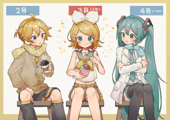 1boy 2girls absurdres ahoge aqua_eyes aqua_hair aqua_necktie aqua_scarf belt black_leg_warmers black_shorts black_skirt black_thighhighs blonde_hair bow brown_cardigan cardigan chair closed_mouth cold commentary_request crossed_arms cup disposable_coffee_cup disposable_cup earmuffs eating feet_out_of_frame food grey_sailor_collar grey_shirt grey_shorts hair_bow hair_ornament hairclip hatsune_miku highres holding holding_cup holding_food holding_ice_cream holding_spoon ice_cream jacket kagamine_len kagamine_rin leg_warmers licking_lips long_hair looking_at_another looking_at_food multiple_girls neckerchief necktie number_tattoo on_chair open_mouth parallel_hairclips sailor_collar sazanami_(ripple1996) scarf shirt short_hair shorts sitting skirt sleeveless sleeveless_shirt small_sweatdrop smile sparkle spoon tattoo thighhighs tongue tongue_out twintails very_long_hair vocaloid white_bow white_jacket white_shirt yellow_neckerchief yellow_scarf