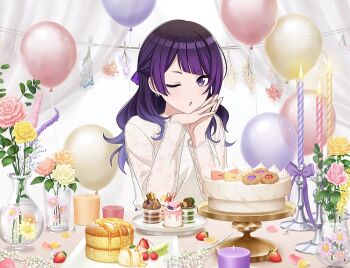 1girl balloon cake candle cherry cup earrings fire flower food fruit idolmaster idolmaster_shiny_colors jewelry leaf multicolored_hair official_art one_eye_closed open_mouth plate purple_eyes purple_hair see-through_clothes see-through_sleeves solo strawberry table tanaka_mamimi vase