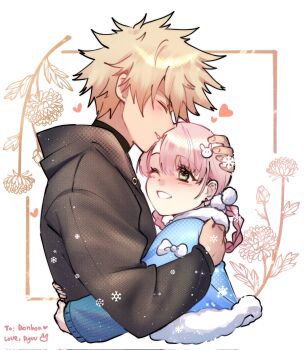 1boy 1girl black_coat blonde_hair blue_coat braid closed_eyes coat commentary couple cropped_torso english_commentary fur-trimmed_coat fur_trim green_eyes hair_between_eyes hair_ornament heart hetero highres hug medium_hair one_eye_closed original parted_bangs parted_lips pink_hair ryuuxin short_hair smile spiked_hair white_background