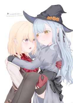 2girls arms_around_neck ascot bang_dream! bang_dream!_it&#039;s_mygo!!!!! black_hat black_ribbon black_thighhighs blonde_hair blue_hair carrying commentary fake_pointy_ears fang gloves grey_shirt hair_ribbon hand_on_another&#039;s_shoulder hat highres misumi_uika multiple_girls pointy_ears princess_carry purple_eyes red_ascot red_gloves ribbon shirt simple_background symbol-only_commentary thighhighs togawa_sakiko translation_request two_side_up white_background white_shirt witch_hat y_iris30 yellow_eyes yuri