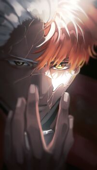 1boy absurdres archer_(fate) broken_mask broken_skin brown_eyes close-up crack cracked_kawaii_mask cracked_mask cracked_skin dark-skinned_male dark_skin dual_persona emiya_shirou fate/stay_night fate_(series) grey_eyes hand_on_own_face highres male_focus mask masked maysy633 mismatched_eyes portrait red_hair revealing_layer split_theme white_hair