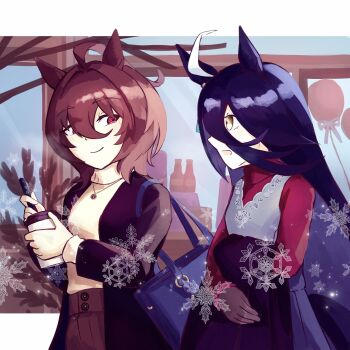 2girls agnes_tachyon_(umamusume) ahoge animal_ears black_coat black_hair bottle brown_hair closed_mouth coat cup disposable_cup grey_skirt hair_between_eyes hands_up highres holding holding_cup holding_unworn_clothes holding_weapon horse_ears horse_girl horse_tail huge_ahoge jewelry long_hair looking_at_another manhattan_cafe_(umamusume) multicolored_hair multiple_girls necklace open_clothes open_coat open_mouth pleated_skirt red_eyes red_shirt red_skirt red_sweater shirt short_hair skirt smile sumikaracafe sweater sweater_tucked_in tail turtleneck turtleneck_sweater umamusume unworn_coat very_long_hair weapon white_hair yellow_eyes yellow_sweater