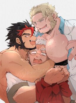 3boys another_eidos-r bara bare_pectorals beard between_pecs between_pectorals blonde_hair blush boy_sandwich character_request commentary facial_hair full_beard head_between_pecs heart heart_in_mouth highres large_pectorals male_focus manukare mature_male multicolored_hair multiple_boys muscular muscular_male nude open_mouth pectorals red_hair sandwiched short_hair smile smug sparse_chest_hair streaked_hair thick_beard thick_eyebrows untranslatable_commentary upper_body yaoi