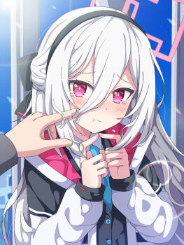 1girl 1other :t black_bow black_hairband black_vest blue_archive blue_necktie blush bow bright_pupils cheek_poking collared_shirt commentary_request day double-parted_bangs embarrassed film_grain furrowed_brow hair_between_eyes hair_bow hairband half_updo halo hands_up highres index_finger_raised index_fingers_together jacket kei_(blue_archive) kei_(new_body)_(blue_archive) lens_flare long_hair long_hair_between_eyes long_sleeves looking_at_viewer mikoshi_(user_wvyd4348) necktie open_clothes open_jacket pink_halo poking pov pov_hands rectangular_halo red_eyes ringed_eyes school_uniform shirt sidelocks solo_focus tearing_up tsurime upper_body very_long_hair vest white_hair white_jacket white_pupils white_shirt