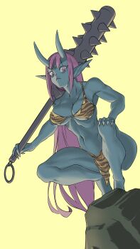 1girl absurdres blue_oni blue_skin breasts club club_(weapon) colored_skin fang fantasy fur_bikini hand_on_own_knee highres holding holding_club holding_weapon horns long_hair looking_at_viewer medium_breasts monster_girl navel oni original pedro_sotto pelvic_curtain pointy_ears purple_hair skin-covered_horns spiked_club squatting very_long_hair weapon yellow_background