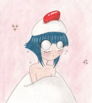 1girl blue_hair cake chibi chii chobits crossover food fruit highres hyuuga_hinata naruto_(series) pastel_colors strawberry