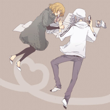 1boy 1girl aoki_yuriko bad_id bad_pixiv_id bakuman book brown_hair cellphone closed_eyes fukuda_shinta hat heart leggings lying no_shoes on_side on_stomach pairing paper pen phone shoes short_hair silver_hair sleeping socks thighhighs tomo tomo_(sjim)