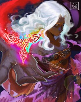 1girl absurdres black_skin colored_eyelashes colored_skin commission curtained_hair detached_sleeves dress elden_ring elden_ring_nightreign grey_eyes highres long_hair magic maskoo185826 outstretched_hand purple_sleeves recluse_(elden_ring) sigil signature solo white_eyelashes white_hair wide_sleeves witch