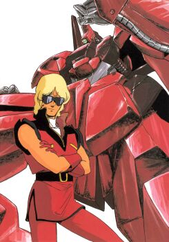1980s_(style) 1boy absurdres aeug bare_shoulders belt blonde_hair cable char_aznable crossed_arms gloves gundam highres key_visual kitazume_hiroyuki male_focus mecha military military_uniform mobile_suit mullet official_art oldschool promotional_art quattro_bajeena retro_artstyle rick_dias robot scan science_fiction smirk sunglasses vest zeta_gundam
