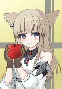 Rule 34 | 1girl, apple, arknights, arknights: endfield, bare shoulders, blonde hair, blue eyes, blunt bangs, blush, brown gloves, closed mouth, collared shirt, commentary, contrast collar, food, fruit, gloves, holding, holding food, holding fruit, jacket, long hair, looking at viewer, natsuki hozumi (pixiv 124631875), off shoulder, perlica (arknights), shirt, sleeveless, sleeveless shirt, smile, solo, split mouth, upper body, white jacket, white shirt, yellow background, yellow gloves, yellow pupils