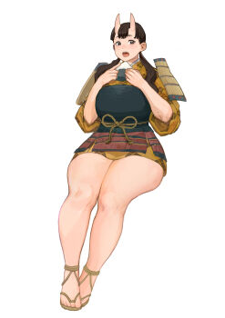 Rule 34 | 1girl, absurdres, armor, bare legs, black hair, brown eyes, chest guard, chipped tooth, cosmos ohohoh, dungeon meshi, eating, food, full body, highres, horns, inutade, japanese armor, japanese clothes, kimono, kusazuri, legs, long hair, low twintails, mole, mole under eye, oni, onigiri, open mouth, short kimono, simple background, sitting, skin-covered horns, solo, thick thighs, thighs, twintails, waraji, white background