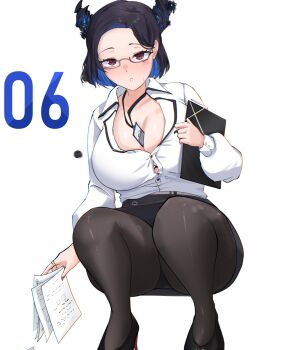 1girl absurdres asymmetrical_horns black_hair black_skirt blue_hair breasts cleavage colored_inner_hair crystal_horns demon_horns dress_suit flower hair_ornament highres hololive hololive_english horn_flower horns jewelry large_breasts leather leather_skirt looking_at_viewer mole mole_under_eye multicolored_hair nerissa_ravencroft nerissa_ravencroft_(casual) office_lady official_alternate_costume official_alternate_hair_length official_alternate_hairstyle p_protocoll pantyhose pencil_skirt red_eyes shirt skirt solo thigh_focus two-tone_hair uneven_horns virtual_youtuber white_shirt