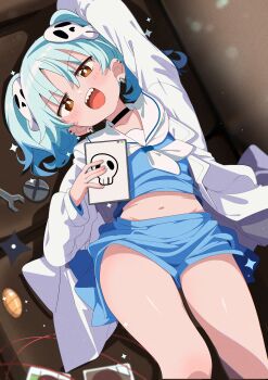 1girl :d absurdres black_choker blue_hair blue_shirt blue_shorts blush brown_eyes choker earrings hair_ornament highres holding holding_tablet_pc izutsumi_marin jewelry lab_coat long_sleeves looking_at_viewer lying midriff navel neckerchief ninja_to_koroshiya_no_futarigurashi on_back open_mouth sailor_collar sharp_teeth shiro9jira shirt shorts skull_hair_ornament smile solo tablet_pc teeth twintails white_neckerchief white_sailor_collar