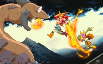 1boy 1girl antennae blue_tunic boots chrono_trigger crono_(chrono_trigger) fire green_helmet green_shirt headband helmet holding holding_sword holding_weapon jumping katana long_sleeves lucca_ashtear matt_cummings medium_hair mountain non-humanoid_robot open_mouth orange_boots orange_tunic purple_hair pyrokinesis red_hair robot robot_dragon shirt sleeveless_tunic spiked_hair sword tunic weapon white_headband