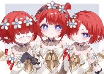 3girls bare_shoulders black_gloves blindfold blue_eyes blush closed_mouth commentary_request flower gloves grin hair_flower hair_ornament hands_up highres honkai:_star_rail honkai_(series) kino_(curry_pan) looking_at_viewer multiple_girls pointy_ears red_hair revision short_hair smile symbol-shaped_pupils trianne_(honkai:_star_rail) tribbie_(honkai:_star_rail) trinnon_(honkai:_star_rail) white_flower
