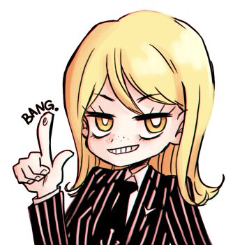 1girl black_jacket black_necktie blonde_hair bright_pupils collared_shirt commentary_request danganronpa_(series) danganronpa_2:_goodbye_despair english_text eyelashes fingernails fingerprint freckles genderswap genderswap_(mtf) grin index_finger_raised jacket jingjingaru kuzuryu_fuyuhiko long_sleeves medium_hair necktie portrait shirt simple_background smile solo striped_clothes striped_jacket teeth vertical-striped_clothes vertical-striped_jacket white_background white_pupils white_shirt yellow_eyes