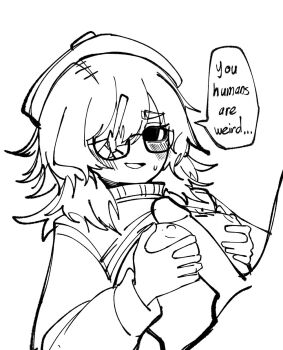 10qi beret breasts breasts_out broken_eyewear broken_glass clothes_lift fork glass glasses grabbing_own_breast greyscale hat highres medium_hair monochrome nipples original paizuri penis shirt_lift sketch small_breasts solo_focus stab sweater white_background zombie