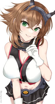 1girl bare_shoulders breasts brown_hair chamumi_(mochiumee) cleavage commentary_request finger_to_cheek flipped_hair gloves green_eyes hair_between_eyes hairband headgear highres index_finger_raised kantai_collection large_breasts looking_at_viewer metal_belt metal_hairband midriff mutsu_(kancolle) navel short_hair simple_background smile solo twitter_username white_background white_gloves