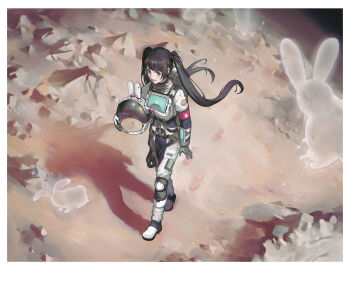 1girl absurdres black_hair bodysuit highres imageprogram_(kent) moon moon_rabbit nijisanji purple_eyes screen spacesuit tsukino_mito twintails virtual_youtuber walking