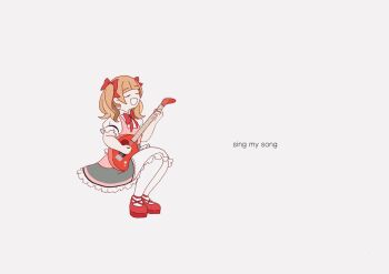 1girl acoustic_guitar aisaki_emiru anime_coloring bare_arms blunt_bangs bow bowtie brown_hair closed_eyes collared_shirt commentary_request dress english_text frilled_dress frilled_sleeves frills full_body grey_background guitar hair_bow happy highres hugtto!_precure instrument invisible_chair mary_janes medium_dress medium_hair music open_mouth pantyhose pinafore_dress pink_dress playing_guitar playing_instrument precure puffy_short_sleeves puffy_sleeves red_bow red_bowtie red_shoes shirt shoes short_sleeves simple_background sitting sleeveless sleeveless_dress smile solo takahoshi_(yunch327) wavy_hair white_pantyhose white_shirt