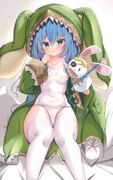 1girl absurdres animal_hood ayayayu_na azur_lane blue_eyes blue_hair blush breasts coat collarbone commentary covered_navel date_a_live green_coat hand_puppet highres himekawa_yoshino himekawa_yoshino_(secret_base) hood long_hair looking_at_viewer official_alternate_costume one-piece_swimsuit parted_lips puppet rabbit_hood rabbit_puppet small_breasts solo swimsuit thighhighs white_one-piece_swimsuit white_thighhighs yoshinon