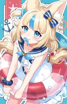 1girl :3 anchor_symbol animal_ear_fluff animal_ears blonde_hair blue_bow blue_eyes blue_scrunchie blue_streaks blush bow cat_ears closed_mouth commentary cowboy_shot double-parted_bangs dress fins fish_girl fish_tail frilled_dress frills hair_bow highres holding holding_swim_ring indie_virtual_youtuber innertube lifebuoy lifebuoy_hair_ornament long_hair looking_at_viewer low_twintails mouth_hold multicolored_hair one_side_up sameko_saba scrunchie smile solo streaked_hair swim_ring tail tolo_mag twintails virtual_youtuber white_dress wrist_scrunchie
