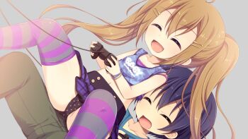 1boy 1girl :d ^_^ ahoge aoi_aruma blue_hair blue_shirt blue_tank_top blush bob_cut breasts brown_hair camisole closed_eyes collarbone controller cowboy_shot game_cg game_controller girl_on_top green_pants hair_between_eyes hair_ornament hairclip himukai_ao_(jissai_no_tokoro) holding holding_controller holding_game_controller izuno_shiun_(jissai_no_tokoro) jissai_no_tokoro kodomo_doushi large_variant_set loli long_hair miniskirt navel open_mouth panties pants pleated_skirt polka_dot polka_dot_panties purple_camisole purple_skirt raised_inner_eyebrows shirt short_hair shota sidelocks simple_background sitting sitting_on_lap sitting_on_person skirt small_breasts smile striped_clothes striped_thighhighs tank_top thighhighs thighs transparent_background twintails underwear variant_set very_long_hair