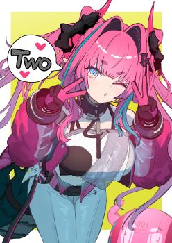 1girl absurdres arknights arknights:_endfield black_gloves blue_eyes commentary_request double_v dragon_girl dragon_horns dragon_tail gloves hair_intakes highres horns long_hair looking_at_viewer multicolored_hair nikaidou_tetsuo one_eye_closed pants pink_gloves pink_hair pointy_ears sidelocks solo speech_bubble streaked_hair tail tight_clothes tight_pants twintails two-tone_hair v white_pants yvonne_(arknights)