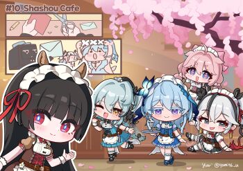 5girls absurdres alternate_costume animal_ears black_dress black_hair blue_dress blue_hair breasts buling_(wuthering_waves) camellya_(wuthering_waves) chisa_(wuthering_waves) closed_mouth colored_eyelashes commentary dress earrings encore_(wuthering_waves) english_commentary enmaided fake_animal_ears gold_earrings hair_vines headphones highres jewelry long_hair looking_at_viewer maid maid_headdress medium_breasts multiple_girls one_eye_closed open_mouth orange_eyes pink_dress pink_hair purple_eyes red_eyes shorekeeper_(wuthering_waves) smile tray wuthering_waves yami_(yami56_u)