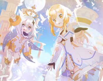 boots dress full_moon genshin_impact hair_ornament halo highres lumine_(genshin_impact) moon nekoneko_(81886955) night open_mouth paimon_(genshin_impact) single_thighhigh smile thighhighs white_dress white_hair yellow_eyes