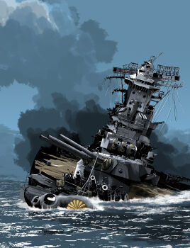 Rule 34 | absurdres, anti-aircraft, anti-aircraft gun, autocannon, battleship, blue sky, cannon, hashtag-only commentary, highres, imperial japanese navy, matsuda juukou, military, military vehicle, no humans, ocean, operation ten-gou, original, range finder, ship, ship turret, sinking, sky, smoke, type 96 aa gun, warship, watercraft, waves, yamato (battleship)