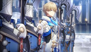 5boys armor bad_link blonde_hair blue_eyes blue_jacket blue_sash breastplate combat_helmet fur-trimmed_jacket fur_trim game_cg gauntlets gepard_landau hair_between_eyes halberd helmet highres holding holding_polearm holding_weapon honkai:_star_rail honkai_(series) jacket long_sleeves male_focus medal military_uniform multiple_boys official_art outdoors polearm sash short_hair silvermane_guard_(honkai:_star_rail) weapon white_jacket