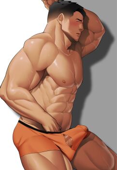 1boy abs adam's_apple bara boxers bulge cowboy_shot erection erection_under_clothes from_side hand_under_clothes highres kansuke_(kansuke_717) large_pectorals male_focus male_underwear muscular muscular_legs muscular_male navel navel_hair nipples orange_male_underwear original pectorals penis penis_peek profile short_hair sideburns solo standing stomach strongman_waist sweat thighs topless_male underwear