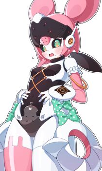 Rule 34 | 1girl, absurdres, aria (zenless zone zero), black sclera, bow, colored sclera, cowboy shot, frills, green bow, green eyes, hands on own stomach, highres, humanoid robot, joints, looking down, mechanical ears, navel, open mouth, outline, robot, robot girl, robot joints, salty gana, simple background, solo, white background, white outline, zenless zone zero
