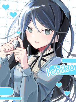 1girl black_hair blue_dress blush character_name commentary_request dress frilled_dress frills grey_eyes grid_background highres hoshino_ichika_(project_sekai) index_fingers_together lolita_fashion long_hair long_sleeves project_sekai puffy_long_sleeves puffy_sleeves ribbon solo sweatdrop upper_body voenkyo