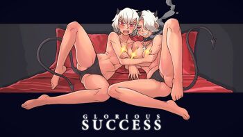 2girls ass bed breasts censored choker cigarette cross cross_necklace demon_tail fang helltaker highres horns jewelry leonzo malina_(helltaker) multiple_girls muscular muscular_female necklace nude panties red_eyes siblings sisters smoke tail underwear white_hair zdrada_(helltaker)