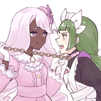2girls apron chain chain_leash collar dark-skinned_female dark_skin dress eye_contact flower gloves green_hair hair_flower hair_ornament hand_on_another&#039;s_chin holding holding_chain interracial jacinthe_(pokemon) leash lebanne_(pokemon) long_hair looking_at_another maid maid_apron maid_headdress multiple_girls nintendo open_mouth pokemon pokemon_legends:_z-a purple_dress purple_eyes purple_hair raune2704 simple_background smile standing upper_body very_dark_skin white_background white_gloves yellow_eyes yuri