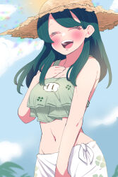 Rule 34 | 1girl, :d, blurry, blurry background, blush, breasts, cleavage, closed eyes, cloud, day, facing viewer, hand up, hat, highres, indie virtual youtuber, laughing, long hair, midriff, navel, open mouth, outdoors, smile, sumi suya, sun, sun hat, sunao na kapipara, virtual youtuber
