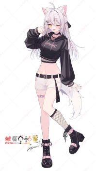 Rule 34 | 1girl, belt, black boots, black choker, black hoodie, boots, bright pupils, choker, crop top, cropped hoodie, drawstring, fishnet socks, fishnets, full body, hand up, hood, hood down, hoodie, indie virtual youtuber, long hair, long sleeves, looking at viewer, lows., midriff, navel, official art, one eye closed, open mouth, puffy long sleeves, puffy sleeves, second-party source, shachikuzu kareha, short shorts, shorts, simple background, smile, socks, solo, stomach, thigh strap, v, virtual youtuber, white background, white hair, white shorts, yellow eyes