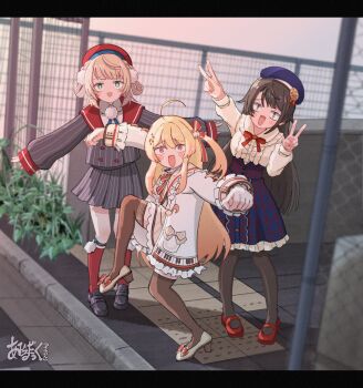 <|>_<|> 3girls a_hiru_duck ahoge alternate_hair_length_(longer) aqua_eyes bad_tag beret black_pantyhose black_shoes blonde_hair blue_hat blue_ribbon blue_skirt blunt_bangs blush_stickers bow bowtie braid brown_dress brown_eyes brown_hair brown_sailor_collar brown_thighhighs button_up_skirt buttons center_frills chain-link_fence collared_shirt commentary_request crane_stance double-breasted double-parted_bangs double_v dress dress_shirt fence flat_chest fortissimo french_girly frilled_shirt frilled_shirt_collar frilled_skirt frilled_sleeves frills full_body gradient_hair green_eyes grey_jacket grey_skirt hair_ornament hair_ribbon hair_rings hairclip hat high-waist_skirt high_school_girls_posing_for_google_street_view_(meme) highres hololive hololive_dev_is jacket kneehighs legwear_garter letterboxed loafers long_hair long_sleeves looking_at_viewer mary_janes miniskirt multicolored_hair multiple_girls musical_note musical_note_hair_ornament neck_ribbon official_alternate_hairstyle one_side_up oozora_subaru oozora_subaru_(casual) open_mouth otonose_kanade otonose_kanade_(1st_costume) outstretched_arms pantyhose piano_print pinstripe_jacket pinstripe_pattern pinstripe_skirt plaid_clothes plaid_dress plaid_skirt pleated_skirt pom_pom_(clothes) pom_pom_brooch pom_pom_hair_ornament red_bow red_bowtie red_hat red_ribbon red_sailor_collar red_shoes red_socks ribbon sailor_collar sailor_dress school_uniform shigure_ui_(1st_costume)_(vtuber) shigure_ui_(vtuber) shirt shoes short_hair side_braids side_up_ring sidelocks signature skirt sleeve_cuffs socks straight_hair thighhighs v virtual_youtuber white_jacket white_ribbon white_shirt white_shoes wide-eyed