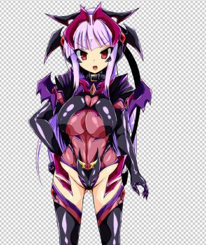 1girl bat_wings breasts checkered_background commentary_request corruption dark_persona demon_girl demon_horns gloves horns huge_breasts kisaragi_nozomi large_breasts latex long_hair looking_at_viewer open_mouth ponytail purple_hair red_eyes revealing_clothes shadow_venus shinsou_seiki_elementia shiny_clothes solo standing tachi-e thighhighs wings zesuto