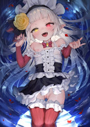 1girl absurdres bare_shoulders beckoning black_nails blunt_bangs blush breasts cleft_of_venus collarbone commission detached_sleeves dress elf eyebrows fangs feet_out_of_frame female_focus fingernails flat_chest floral_print flower frilled_dress frills from_above hair_flower hair_ornament half-closed_eyes headdress heterochromia highres izumi_kumi legs_together loli long_hair long_pointy_ears long_sleeves looking_at_viewer lying maid_headdress nail_polish nipples on_back open_mouth petals pointy_ears pussy red_eyes red_legwear red_thighhighs rose sidelocks sleeveless sleeveless_dress solo teeth thigh_gap thighhighs thighs tongue tongue_out upper_teeth_only uvula very_long_hair water waymay wet white_hair yellow_eyes yellow_flower yellow_rose
