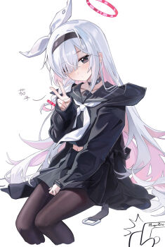 1girl absurdres black_choker black_coat black_eyes black_hairband black_pantyhose black_sailor_collar black_serafuku blue_archive braid choker coat colored_inner_hair commentary_request expressionless hair_over_one_eye hairband halo heart heart_halo highres long_hair looking_at_viewer mogurine multicolored_hair neckerchief pantyhose plana_(blue_archive) red_halo red_pupils ribbon sailor_collar school_uniform serafuku single_braid sitting solo v white_background white_neckerchief white_ribbon