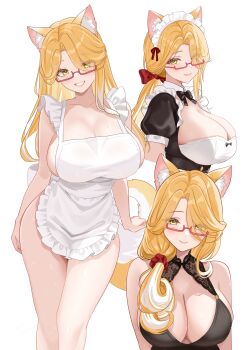 1girl absurdres animal_ears apron bare_arms bare_shoulders bibixart black_shirt blonde_hair bow breasts cleavage closed_mouth dog_ears dog_girl dog_tail eyes_visible_through_hair frilled_apron frilled_shirt frills glasses grin hair_bow hair_ornament hair_over_shoulder hair_scrunchie highres indie_virtual_youtuber kwang_hulu large_breasts long_hair looking_at_viewer looking_over_eyewear maid_headdress mole mole_on_breast multiple_views naked_apron parted_bangs red-framed_eyewear scrunchie semi-rimless_eyewear shirt short_sleeves simple_background sleeveless sleeveless_shirt smile tail thighs under-rim_eyewear virtual_youtuber white_background yellow_eyes