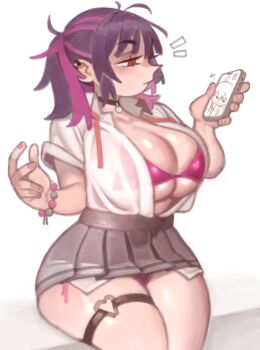 1girl bead_bracelet beads black_choker bra bracelet breasts cellphone choker closed_mouth collared_shirt dress_shirt garter_straps highres holding holding_phone jewelry kelvin_hiu large_breasts looking_at_phone multicolored_hair nipples open_clothes open_shirt original panties phone pink_bra pink_hair pink_panties pleated_skirt plump ponytail purple_hair red_eyes shirt shirt_tucked_in single_garter_strap sitting skirt smartphone solo thick_thighs thighs two-tone_hair underwear white_background white_shirt