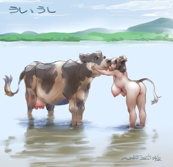 1girl animal animal_ears animal_print ass black_hair blush breasts cow cow_ears cow_girl cow_print cow_tail creature_and_personification hanging_breasts holstein_friesian_cattle_(kemono_friends) huge_breasts kemono_friends kemono_friends_3 lake licking multicolored_hair nyororiso_(muyaa) open_mouth partially_submerged personification short_hair smile tail translated two-tone_hair udder white_hair