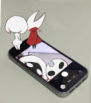 17hornet77987 2girls arthropod_girl black_eyes black_skin blank_eyes blush bodysuit camera_phone cellphone cloak colored_skin commentary english_commentary from_behind grey_background highres hollow_eyes hollow_knight hollow_knight:_silksong horned_mask hornet_(hollow_knight) horns lace_(hollow_knight) mask multiple_girls phone puffy_sleeves red_cloak simple_background smartphone standing white_bodysuit white_eyes white_mask