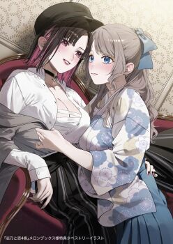 2girls black_choker black_hair black_hat black_pants blue_bow blue_eyes blue_skirt blush bow breasts brown_jacket chigusa_minori choker cleavage closed_mouth colored_inner_hair commentary_request floral_print floral_print_kimono grey_hair hair_bow half_updo hat highres jacket japanese_clothes kimono long_hair long_sleeves multicolored_hair multiple_girls open_clothes open_mouth open_shirt pants pink_hair pleated_skirt print_kimono purple_eyes saotome_shino_(shino_to_ren) shino_to_ren shirayuki_ren shirt short_hair sidelocks skirt sweatdrop undressing_another white_shirt yuri