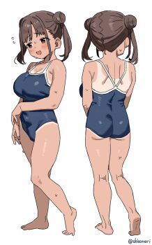 1girl artist_name back bare_shoulders blue_one-piece_swimsuit blush breasts brown_eyes brown_hair cleavage dark-skinned_female dark_skin dot_nose double_bun fanged_bangs full_body hair_bun hand_on_own_arm large_breasts looking_to_the_side median_furrow medium_hair multiple_views new_school_swimsuit one-piece_swimsuit one-piece_tan open_mouth oppai_loli raised_inner_eyebrows school_swimsuit shisoneri simple_background smile sonoda_chiyoko standing sweat swimsuit tan tanline twintails twintails_with_hair_base twitter_username white_background